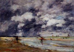 Strand vid lågvatten, regnigt väder, nära Trouville