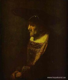 Porträtt av en man i hatten dekorerad med pärlor