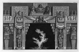 Eldstad i egyptisk stil, frisen av en lejonmask mellan två sfinx