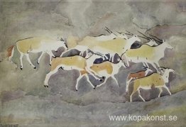 Bergkonst - Grupp av Eland, en med ett skrynkligt horn