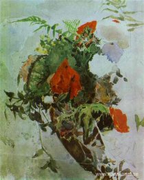 Röda blommor och blad av Begonia i en korg