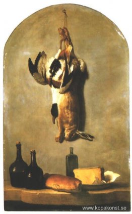 Stilleben med hare, anka, bröd, ost och vinflaskor