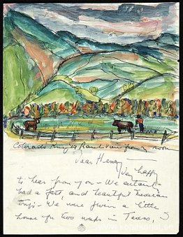 Sida 1 i ett illustrerat brev från Betty Parsons till H.E. (Henr