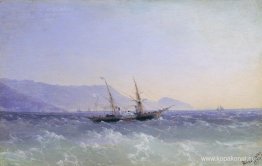 Krimlandskap med en segelbåt