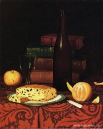 Stilleben med russinkaka, frukt och vin