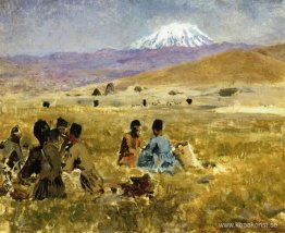 Perser lunchar på gräset, berget Ararat i fjärran