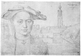Porträtt av tjugofyra män och utsikt över St. Michael i Antwerpe