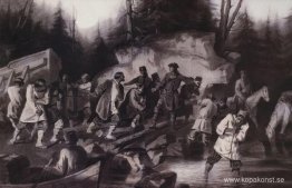 Peter I släpar fartyg från Onegabukten i Lake Onega 1702