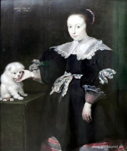 Porträtt av en elva år gammal flicka med en hund, klädd i spansk Porträtt av en elva år gammal flicka med en hund, klädd i spansk