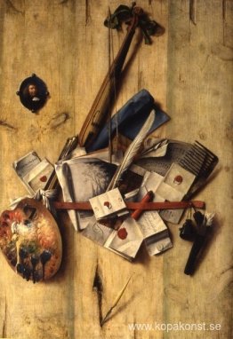 Trompe l'oeil med fiol, målarredskap och självporträtt Trompe l'oeil med fiol, målarredskap och självporträtt