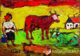 Bondekvinna med röda och gröna kor Bondekvinna med röda och gröna kor