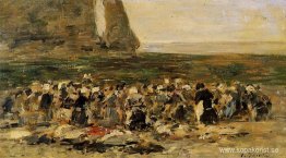 Etretat, tvättare på stranden, lågvatten Etretat, tvättare på stranden, lågvatten