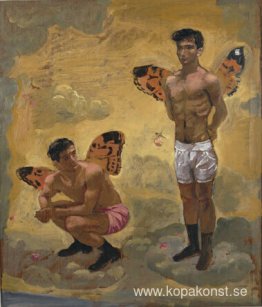 Två män med fjärilsvingar, svarta skor Två män med fjärilsvingar, svarta skor