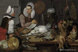 En köksinredning med en piga och en dam som förbereder spelet En köksinredning med en piga och en dam som förbereder spelet