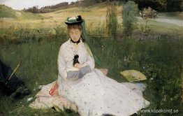 Läser med grönt paraply Läser med grönt paraply