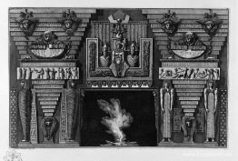 Eldstad i egyptisk stil, två figurer på höger fot, sedan två mum Eldstad i egyptisk stil, två figurer på höger fot, sedan två mum