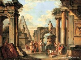 En capriccio av klassiska ruiner med Diogenes som kastar sin kop En capriccio av klassiska ruiner med Diogenes som kastar sin kop