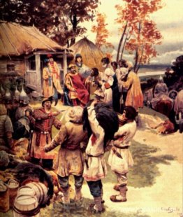 Den ryska knyaz Igor utkräver hyllning från Drevlyanerna 945 Den ryska knyaz Igor utkräver hyllning från Drevlyanerna 945