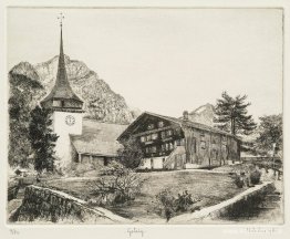Kyrkan och tornet i Gsteig, i kantonen Bern, Schweiz Kyrkan och tornet i Gsteig, i kantonen Bern, Schweiz