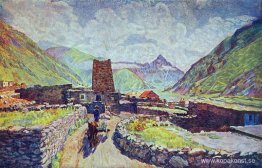 Georgien. Kazbekiska. Utsikt över berget Kabardzhino och byn Georgien. Kazbekiska. Utsikt över berget Kabardzhino och byn