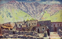 Georgien. Kazbekiska. Shat-berg och by Georgien. Kazbekiska. Shat-berg och by