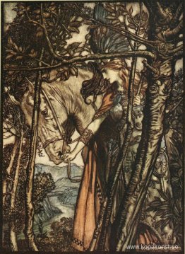 Brünnhilde leder sakta och tyst sin häst nedför stigen till grot Brünnhilde leder sakta och tyst sin häst nedför stigen till grot