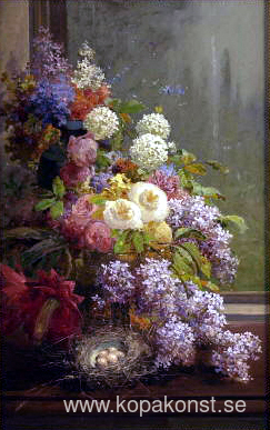 Stilleben blommor och frukt