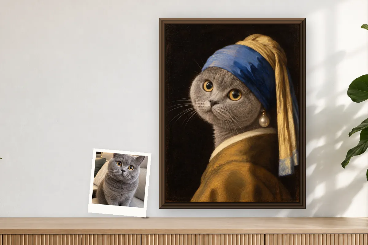 Ett vanligt foto av en katt bredvid samma katt som klassiskt oljeporträtt