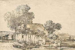 Stuga med trästaket bland träd Stuga med trästaket bland träd