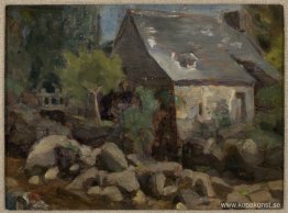 Rustikt landskap med bro och hus Rustikt landskap med bro och hus