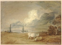 Kustscen med sjöfart, figurer och kor Kustscen med sjöfart, figurer och kor