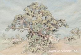 Landskap med träd och avlägsna stugor Landskap med träd och avlägsna stugor