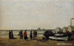 Kvinnor på stranden, grov sjö Kvinnor på stranden, grov sjö