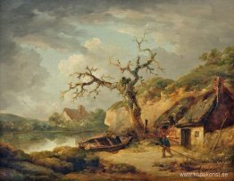 Lake Scene och en stuga Lake Scene och en stuga