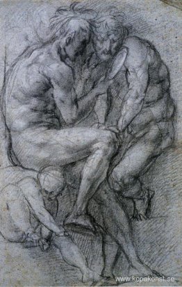 Två mansfigurer som tittar i en spegel och en Putto. Två mansfigurer som tittar i en spegel och en Putto.