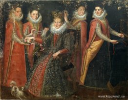 Porträtt av fem kvinnor med en hund och en papegoja Porträtt av fem kvinnor med en hund och en papegoja