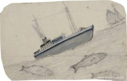 Grå ångbåt, segelfartyg och tre fiskar med tänder Grå ångbåt, segelfartyg och tre fiskar med tänder