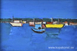 Marina med gul båt Marina med gul båt