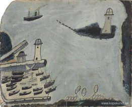 Hamn med två fyrar och motorfartyg, St Ives Bay Hamn med två fyrar och motorfartyg, St Ives Bay