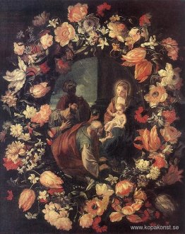 Tillbedjan av Magi i en blomsterkrans Tillbedjan av Magi i en blomsterkrans