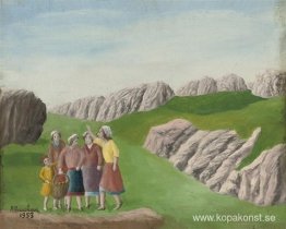 Fem figurer i ett bergslandskap Fem figurer i ett bergslandskap