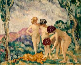 Unga flickor som leker med en lejonunge Unga flickor som leker med en lejonunge