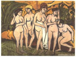 Fem badande kvinnor vid en sjö Fem badande kvinnor vid en sjö