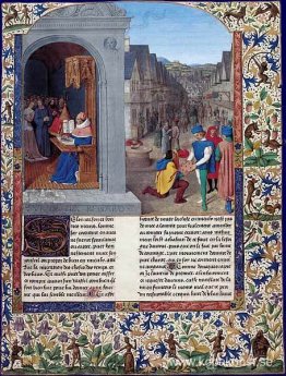 Boccaccios De Casibus-skrift. En kurir som levererar Luvrs till Boccaccios De Casibus-skrift. En kurir som levererar Luvrs till