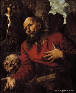 St. Hieronymus ber framför en stenig grotta St. Hieronymus ber framför en stenig grotta