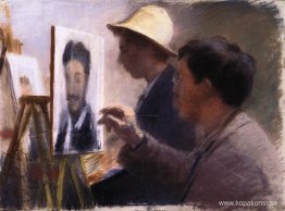 Oscar Björck och Eilif Peterssen målar porträtt av Georg Brandes Oscar Björck och Eilif Peterssen målar porträtt av Georg Brandes