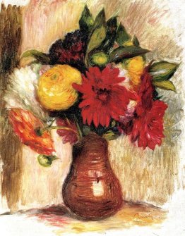 Bukett blommor i en lergods kanna Bukett blommor i en lergods kanna