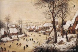 Vinterlandskap med skridskoåkare och en fågelfälla Vinterlandskap med skridskoåkare och en fågelfälla