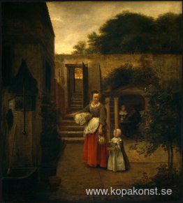 Kvinna och barn på en innergård Kvinna och barn på en innergård