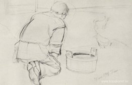 Figur av S.F. Petrova-Vodkin, konstnärens far, på knäna bakifrån Figur av S.F. Petrova-Vodkin, konstnärens far, på knäna bakifrån